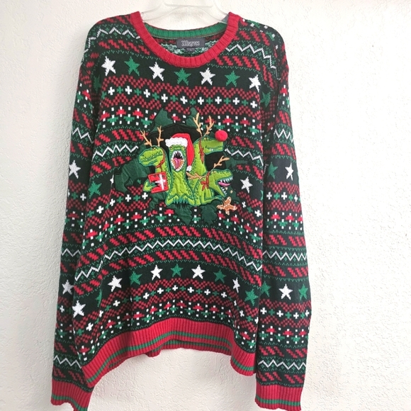 Oversized 33 degrees green redvelociraptor santa reindeer ugly Christmas sweater - Picture 1 of 4